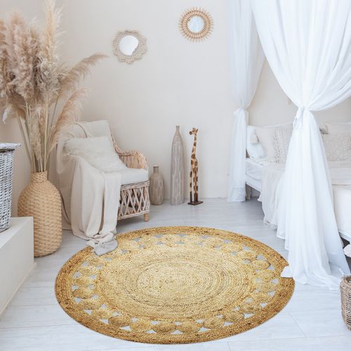 Tapis Salon Rond En Jute Rosace Naturel Diam.70 - Style Bohème