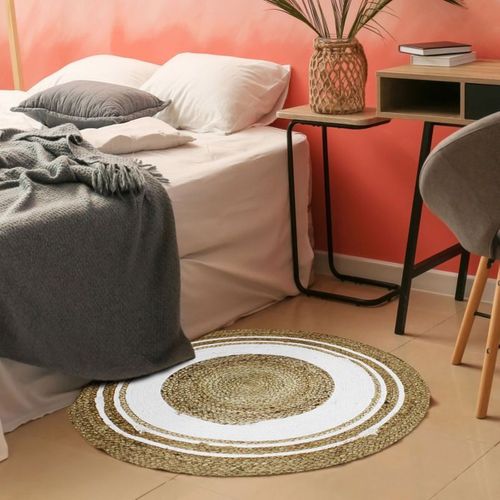 Tapis Salon Rond En Jute Et Coton Cercle Blanc Diam.90