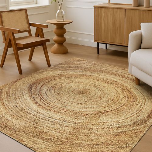 Tapis Salon En Jute Tressé Main Motif Rond Naturel 120x170 - Style Bohème