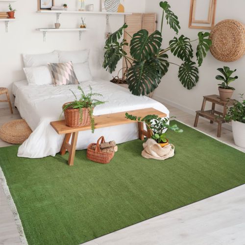Tapis Salon En Jute Coton Avec Franges Vert Foncé 120x170 - Style Bohème