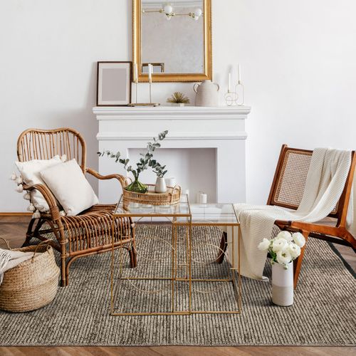 Tapis Salon Tissé Plat Coton Noir Reflet Lumière Gris 120x170