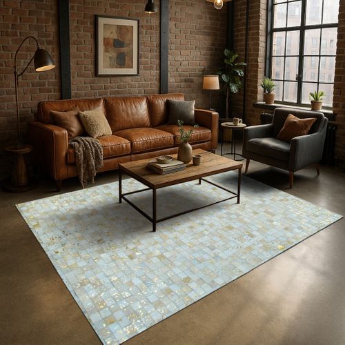 Tapis Salon En Cuirs Recyclés Blanc Doré 120x170