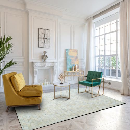 Tapis Salon En Cuir Naturel Recyclé Mosaïque Blanc 120x170