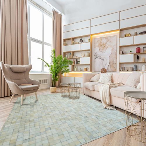 Tapis Salon En Cuir Naturel Recyclé Mosaïque Blanc 120x170