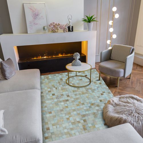 Tapis Salon En Cuir Naturel Recyclé Mosaïque Beige 120x170