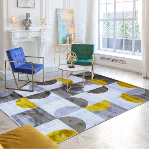 Tapis Salon Motifs Arcs De Cercle Et Carrés Gris, Jaune Et Crème 133x170