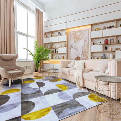 Tapis Salon Motifs Arcs De Cercle Et Carrés Gris, Jaune Et Crème 133x170