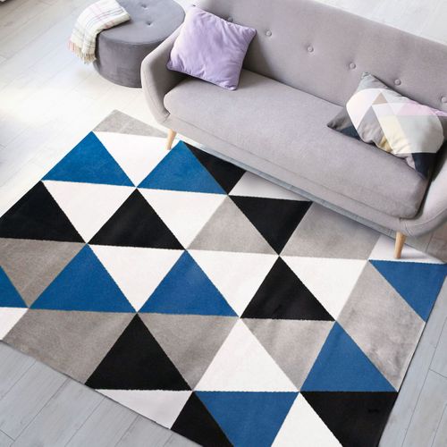Tapis Salon Toucher Laineux Motif Triangles Bleu 150x220