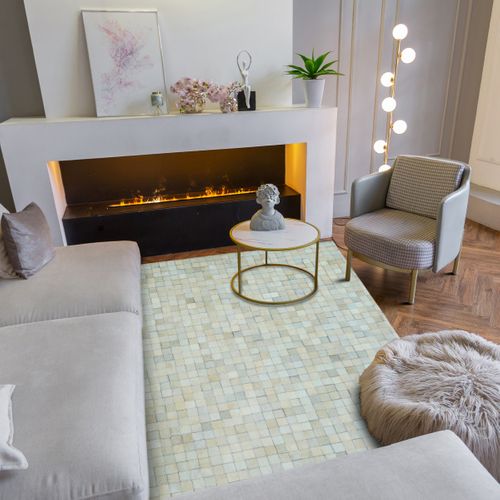 Tapis Salon En Cuir Naturel Recyclé Mosaïque Blanc 160x230