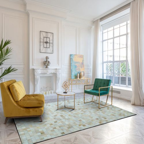 Tapis Salon En Cuir Naturel Recyclé Mosaïque Beige 160x230