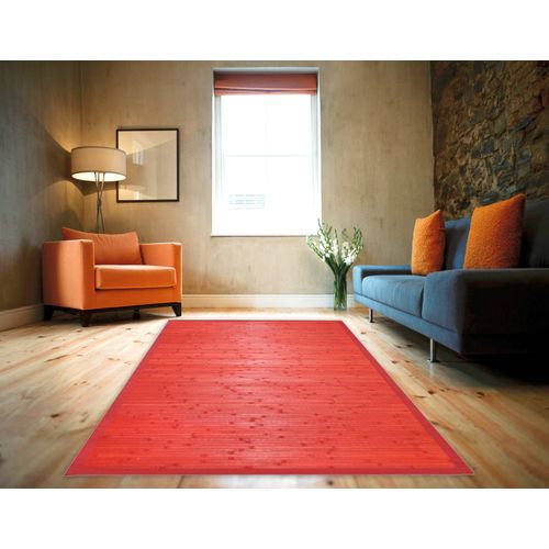 Tapis Salon En Bambou Larges Lattes Et Ganse Rouge 160x230 - Solo Bamboo