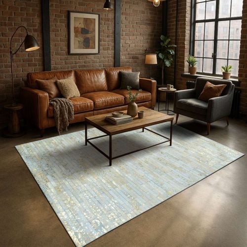 Tapis Salon En Cuir Recyclé Naturel Doré Patchwork 190x290