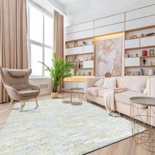 Tapis Salon En Cuir Recyclé Naturel Doré Patchwork 190x290