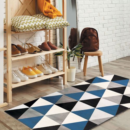 Tapis Toucher Laineux Motif Triangles Bleu 80x150