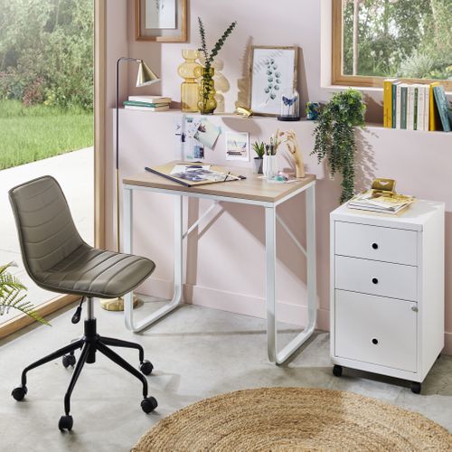 Meuble Bas 4 Tiroirs Avec Roues - Capacité 90 Kg, 2 Roues Frein, Blanc/Noyer/Chêne, Bureau, Salon