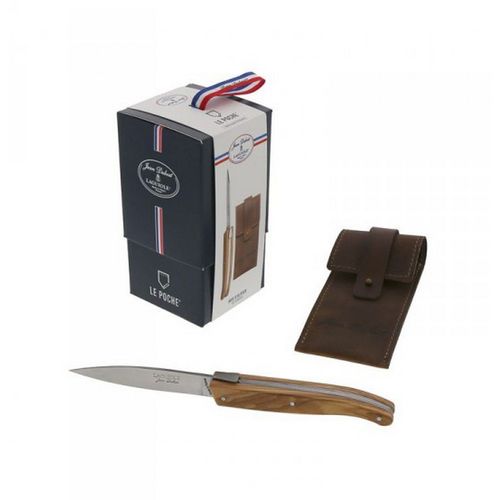Couteau De Poche Inox Manche Olivier + Étui Cuir - L0016760bv1219