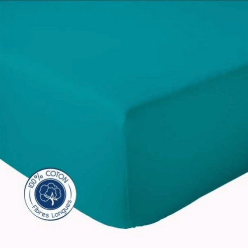 Drap Housse Coton Bonnet 23 Cm Fabriqué En France - 180x190 Cm - Bleu Paon