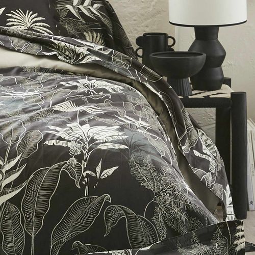 Drap Plat En Satin Aux Feuilles Tropicales - 180x290 Cm - Gris Anthracite