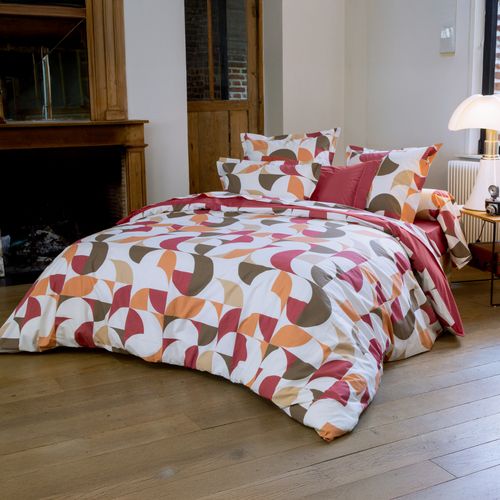 Parure De Lit 3 Pièces Percale De Coton Géométrique Housse + Taies - 200x200 Cm - Bordeaux