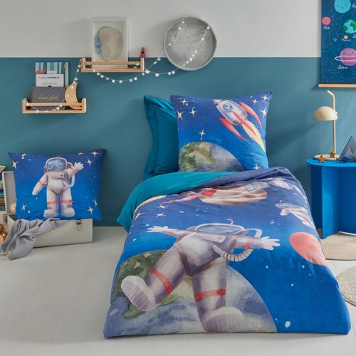 Housse De Couette Enfant Percale De Coton Astronaute Et Fusée - 140x200 Cm - Bleu