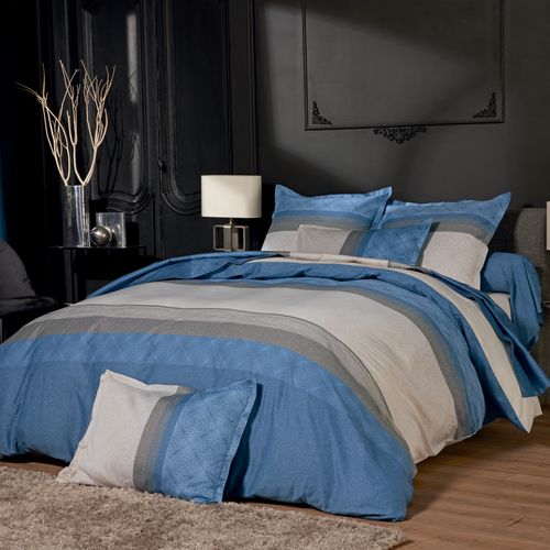 Housse De Couette Satin De Coton Géométrique - 240x220 Cm - Bleu