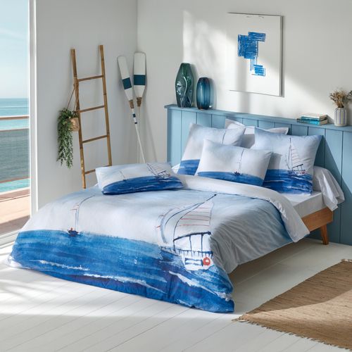 Parure De Lit 3 Pièces Percale De Coton Voilier Marin Housse + Taies - 200x200 Cm - Bleu
