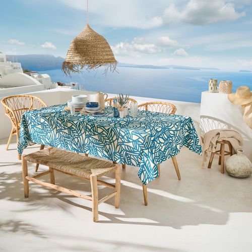 Nappe Rectangulaire Coton Enduit Feuillage Abstrait - 160x250 Cm - Bleu