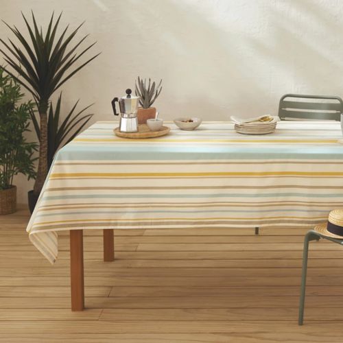 Nappe Rectangulaire Coton Enduit Rayures Basque - 160x300 Cm - Bleu