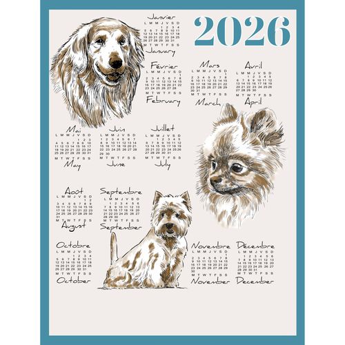 Torchon Calendrier 2026 Motif Chiens Coton - 46x60 Cm - Bleu