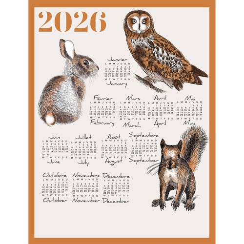 Torchon Calendrier 2026 Animaux Du Jardin Coton - 46x60 Cm - Marron Clair
