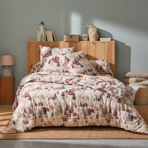 Parure De Lit 3 Pièces Flanelle De Coton Montagne Housse + Taies - 200x200 Cm - Beige