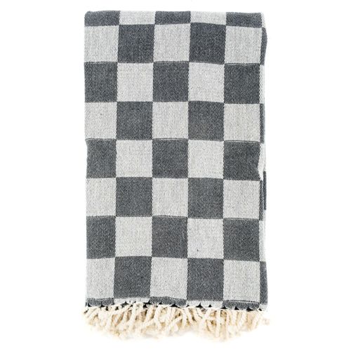 Plaid En Coton Damier Gris Avec Franges