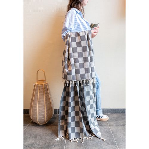 Plaid En Coton Damier Gris Avec Franges
