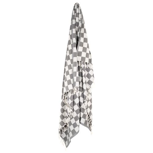 Plaid En Coton Damier Gris Avec Franges