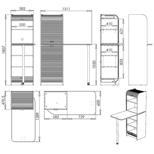 Rangement Et Table De Cuisine Pivotante 5 Niches L 131.1 H 180.7 P 60 Cm - Coloris: Wengé + Blanc