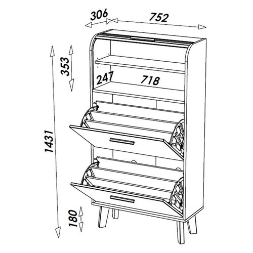 Meuble à Chaussures Chêne 2 Abattants Blancs 1 Rideau 75,2 X 143,1 X 30,6 Cm - Vagues Grises 810