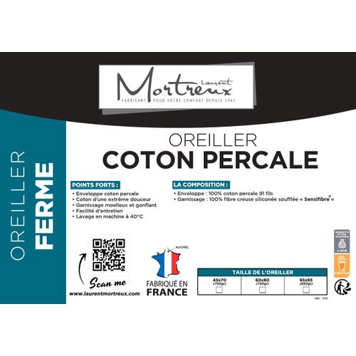 Oreiller Coton Percale - 60 X 60 - 650grs Ferme - Toutes Saisons