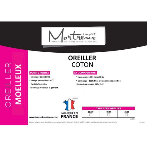 Lot De 2 Oreillers Moelleux Coton - 50 X 70 - Toutes Saisons - Mortreux