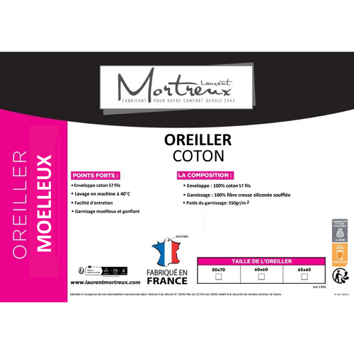 Lot De 2 Oreillers Moelleux Coton - 65 X 65 - 600grs
