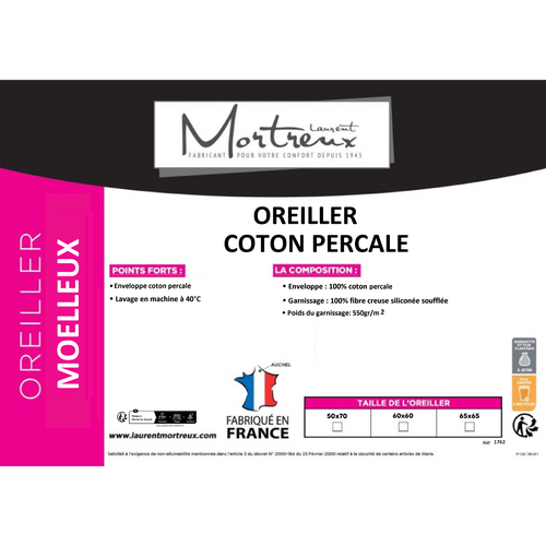 Lot De 2 Oreillers Moelleux Coton Percale - 65 X 65 - 600grs