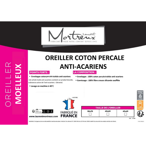 Lot De 2 Oreillers Moelleux Coton Percale Anti Acariens - 60 X 60 - 550grs