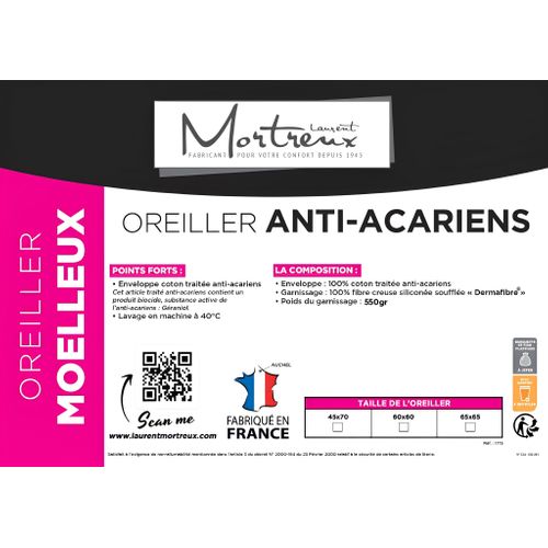 Lot De 2 Oreillers Moelleux Coton Anti Acariens - 60 X 60 - 550grs