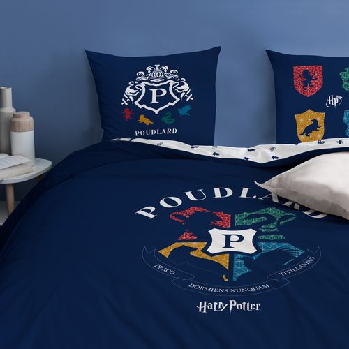 Parure De Lit Imprimée 100% Coton, Harry Potter Blason Bleu Marine 240x220+2x63x63cm
