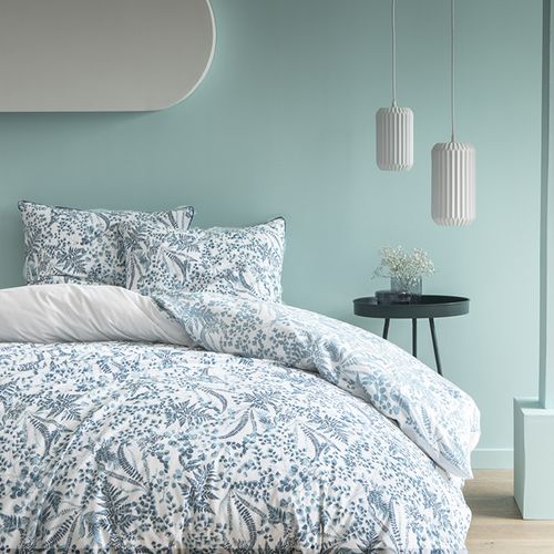 Parure De Lit Imprimée 100% Coton, Vegetalis Bleu 240x220+2x65x65cm
