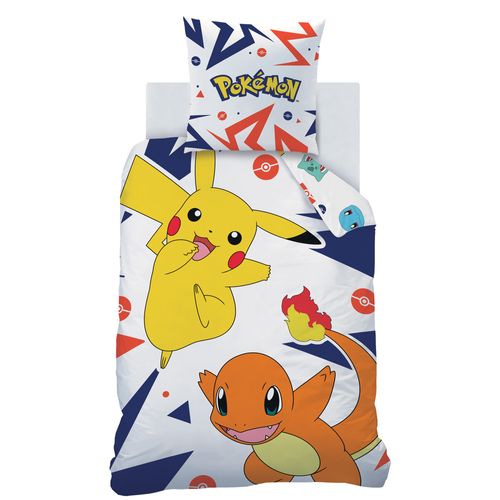 Parure De Lit Imprimée 100% Coton, Pokemon Ziggy Blanc, Bleu 140x200+63x63cm