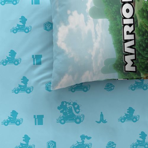 Parure De Lit Imprimée 100% Coton, Mario Up Side Down Bleu 140x200+63x63cm