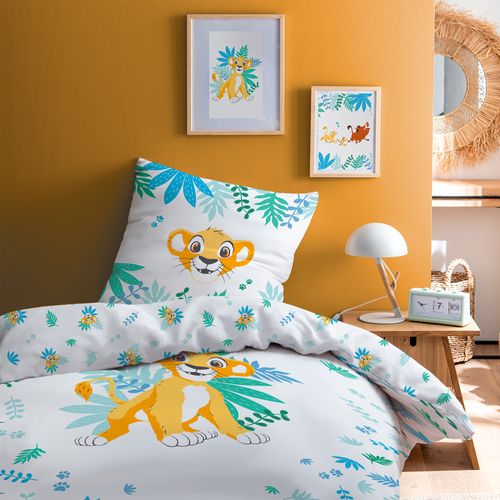 Parure De Lit Imprimée 100% Coton, Disney Home Le Roi Lion Simba Blanc, Jaune 140x200+63x63cm