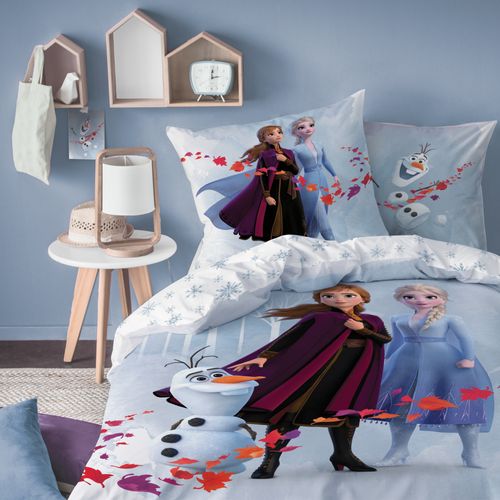 Parure De Lit Imprimée 100% Coton, Disney Home Frozen Trio Bleu 140x200+63x63cm