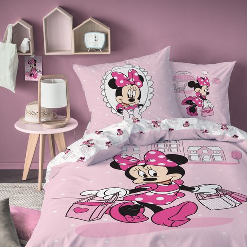 Parure De Lit Imprimée 100% Coton, Disney Home Minnie Shopping Rose 140x200+63x63cm