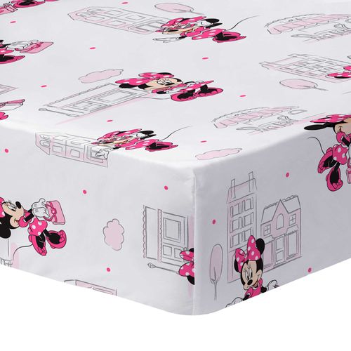 Drap-housse Imprimé 100% Coton, Disney Home Minnie Shopping Blanc 90x190/200cm - Bonnet 30cm